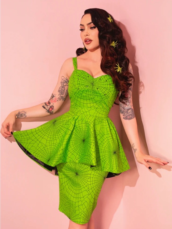 Vixen by Micheline Pitt Dresses & Skirts - Glamour Girl Peplum Dress Slime Green & Black Spiderweb- Vixen by Micheline Pitt